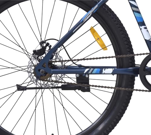 Rear view of the FIREFOX Tremor X 29 D blue MTB showcasing the rear disc brake, chain, kickstand, and part of the drivetrain against a white background.
