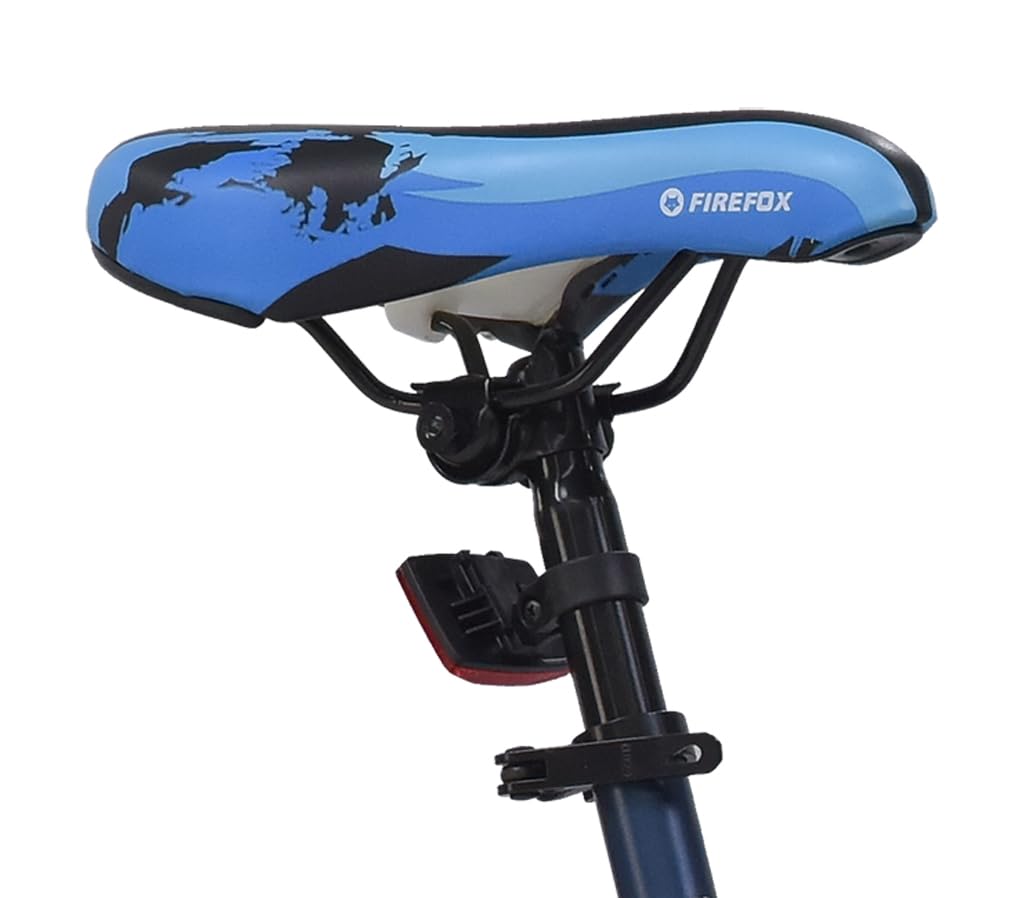 Close-up of the FIREFOX Tremor X 29 D blue padded saddle with graphics and rear reflector, mounted on the seatpost.
