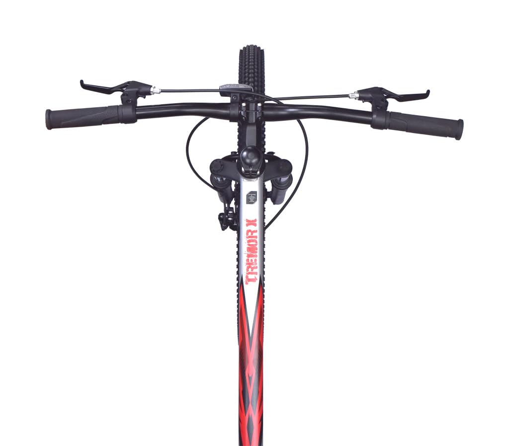 Front view of handlebar, suspension fork, and branding on FIREFOX Tremor X 29 D mountain cycle in silver.
