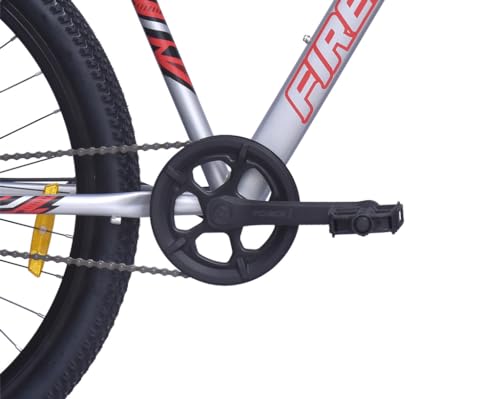 Close-up side view of pedal and crankset of FIREFOX Tremor X 29 D single speed cycle in silver color.
