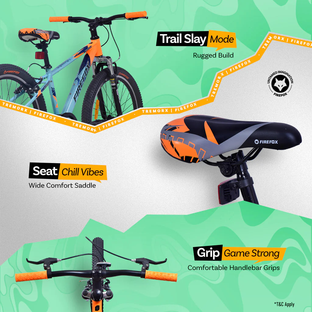 Firefox Tremor X orange blue MTB cycle saddle grip and handlebar features
