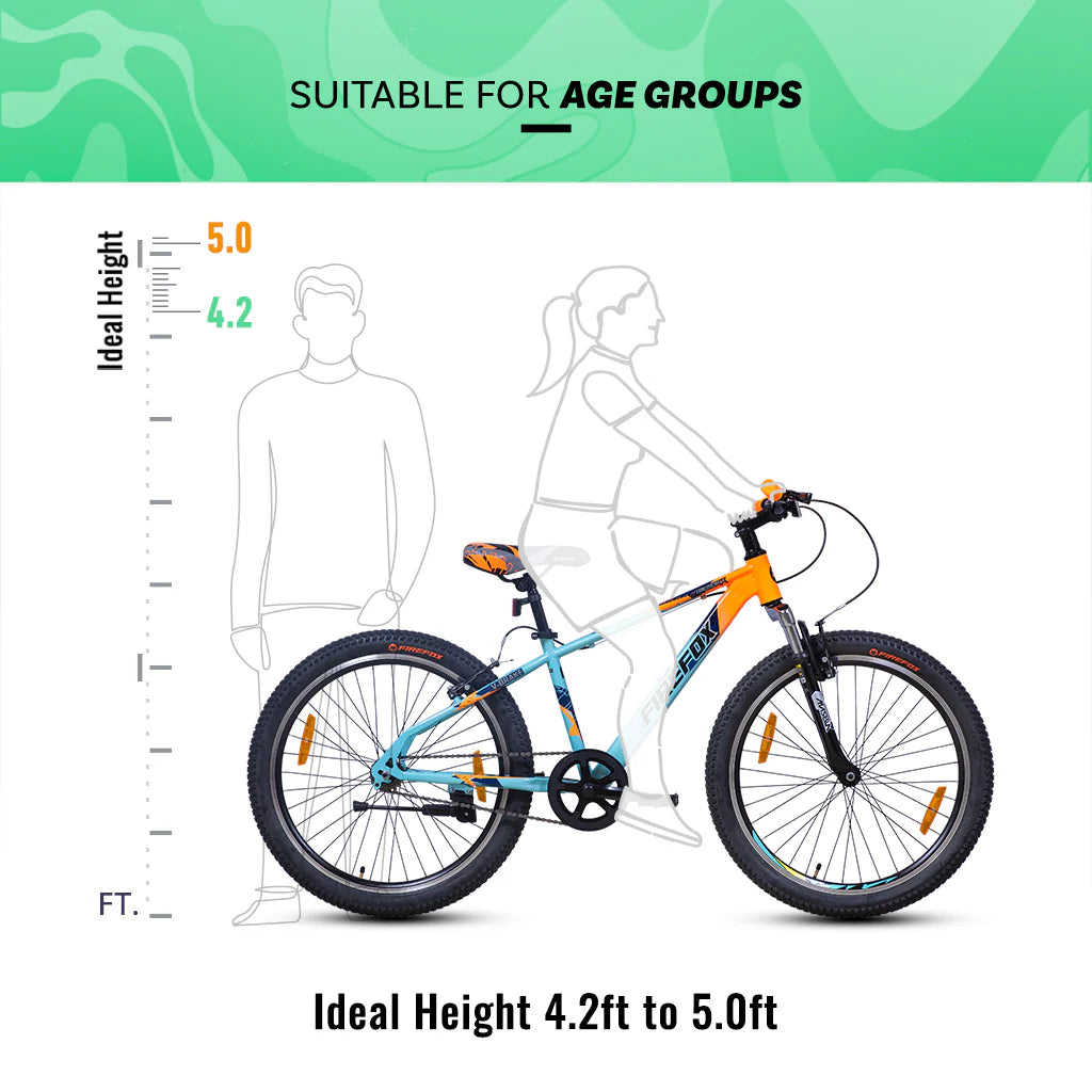 Firefox Tremor X orange blue 24T bicycle rider size recommendation chart