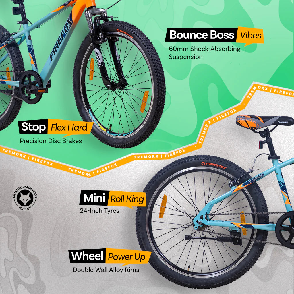 Firefox Tremor X 24T orange blue bicycle tyre grip and wheel details