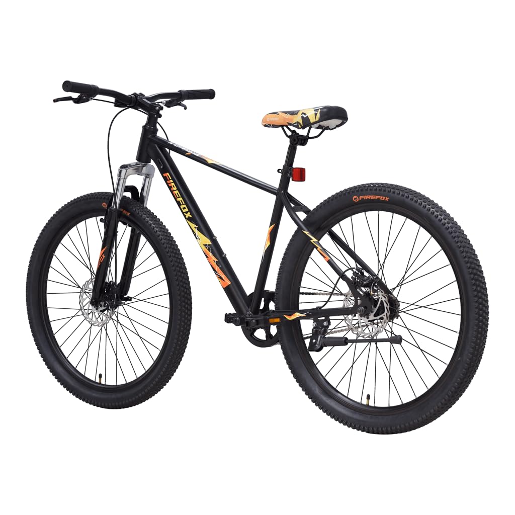 Firefox Tremor X 27.5 D MTB Cycle Front Angled View in Black and Orange with Disc Brakes and Suspension Fork


