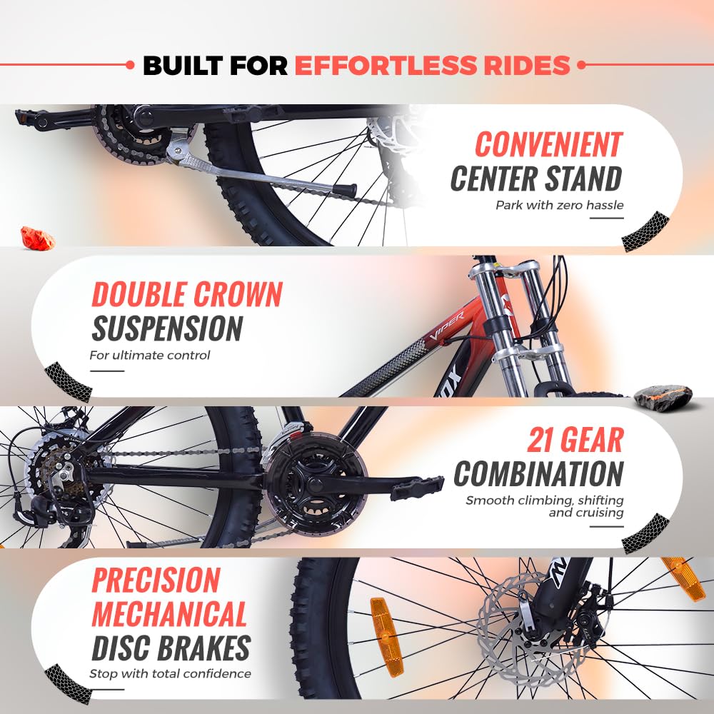 Firefox Viper dual crown suspension, Shimano 21-speed drivetrain and precision mechanical disc brakes