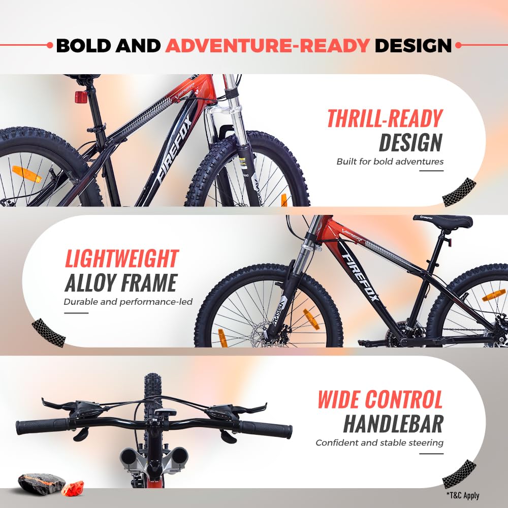 Firefox Viper key features including lightweight alloy frame, trail-ready design and wide MTB handlebar