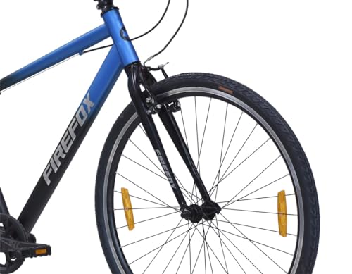 Front view of FIREFOX Whiplash 700C Hybrid Cycle showing the blue and black frame, black fork, and front wheel with reflectors.
