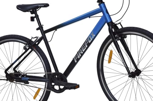 Angled side view of the FIREFOX Whiplash 700C Hybrid Cycle in blue and black, showing the full frame, wheels, and seat.
