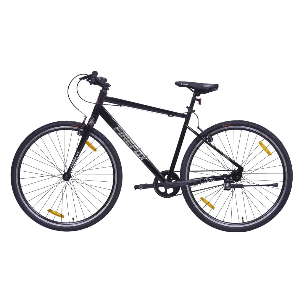 Full side view of black FIREFOX Whiplash 700C Hybrid Cycle with single-speed drivetrain and yellow wheel reflectors.

