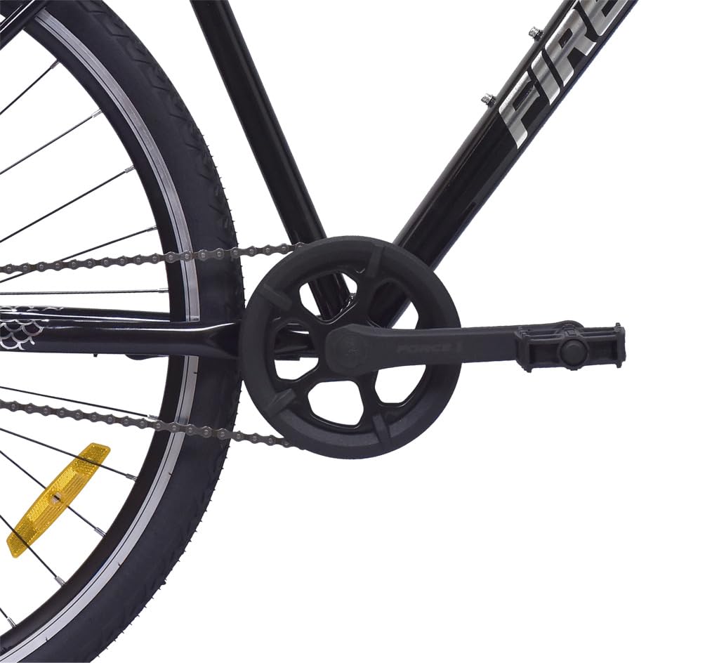 Side view of FIREFOX Whiplash 700C Cycle crankset with single chainring, pedal, and rear wheel with reflector.

