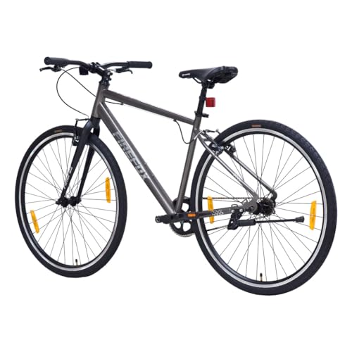 Angled view of the FIREFOX Whiplash 700C Hybrid Cycle in grey and black, featuring a sleek frame, single-speed drivetrain, and city tires.
