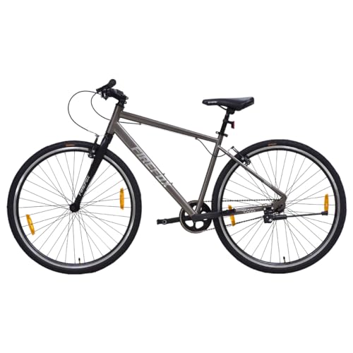 Side view of the FIREFOX Whiplash 700C Hybrid Cycle in grey and black, single-speed with black tires and reflectors.
