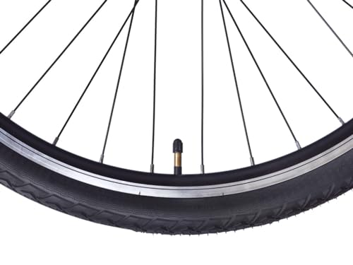 “Close-up view of FIREFOX Whiplash 700C T Hybrid Bike’s front tire valve and rim with black spokes, against a white background”

