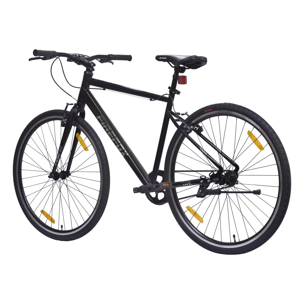 Rear side angle of FIREFOX Whiplash 700C Hybrid City Bike in black with single speed and yellow spoke reflectors.

