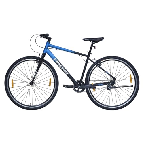 Side view of FIREFOX Whiplash 700C T Hybrid Cycle in blue and black with black tires, yellow reflectors, and a sporty city bike frame.
