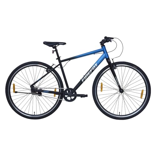 Blue and black FIREFOX Whiplash 700C T Hybrid City Bike with yellow wheel reflectors, black tires, and a sleek steel frame – ideal for men.
