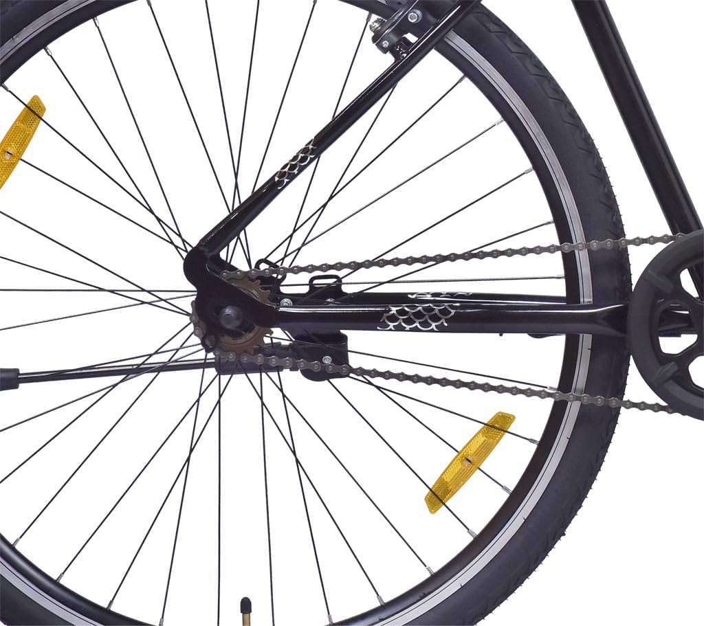 Rear wheel close-up of FIREFOX Whiplash 700C Hybrid Cycle showing single speed chain drive and black steel frame.

