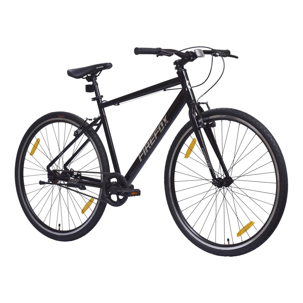 Side angle view of black FIREFOX Whiplash 700C T Hybrid City Bike with yellow wheel reflectors and alloy frame, ideal for men.

