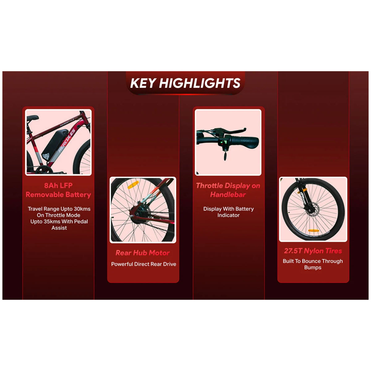 Hercules Hardstyle Pro electric cycle key highlights with removable battery and throttle display
