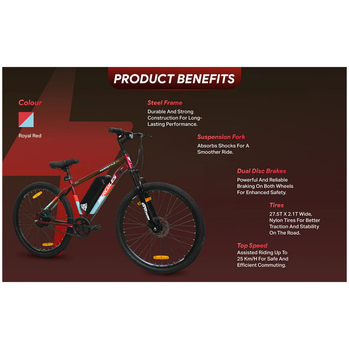 Hercules Hardstyle Pro electric cycle product benefits with steel frame and dual disc brakes
