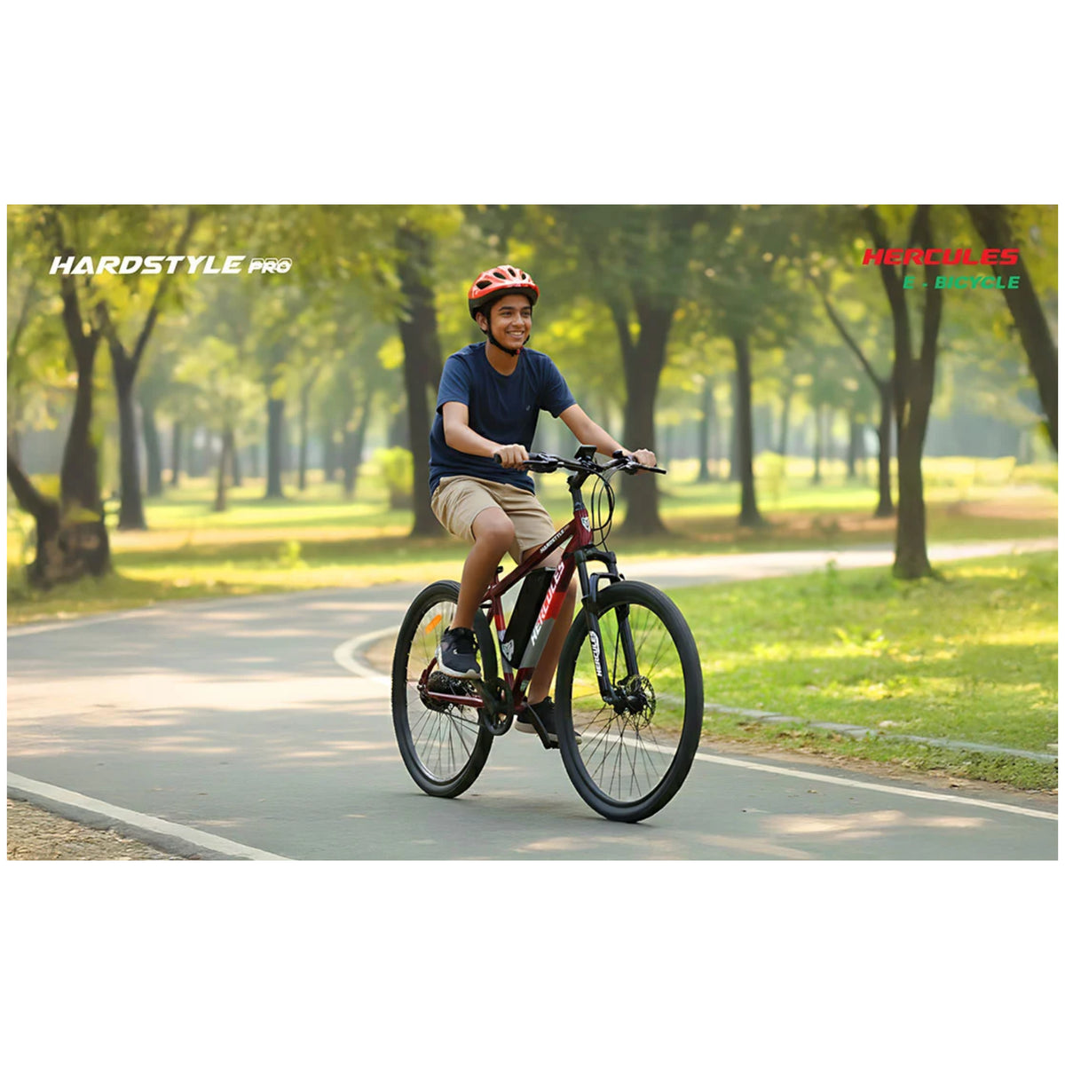 Rider using Hercules Hardstyle Pro electric cycle on a park path
