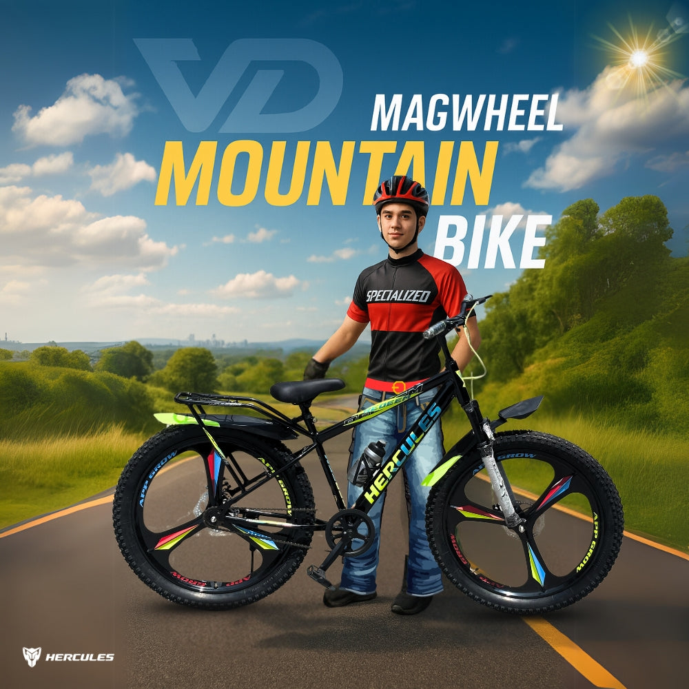 Hercules 26T mountain bike with colorful magwheels, scenic road backdrop, and a male model wearing a helmet and cycling jersey.
