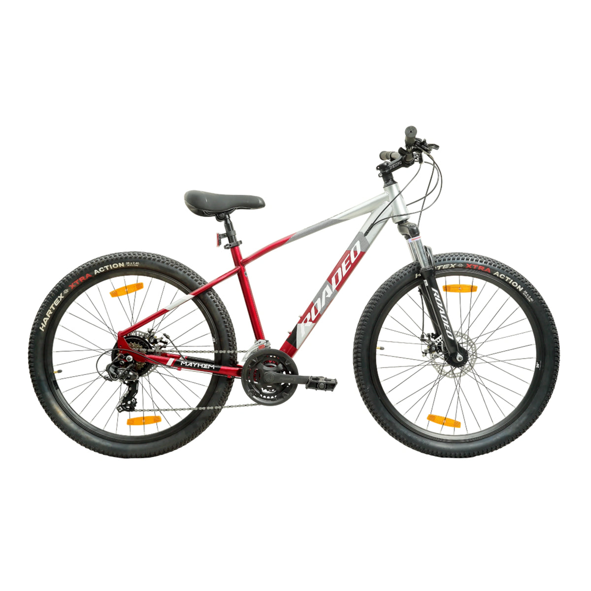 Hercules Roadeo Mayhem bicycle in red with dual disc brakes and suspension fork