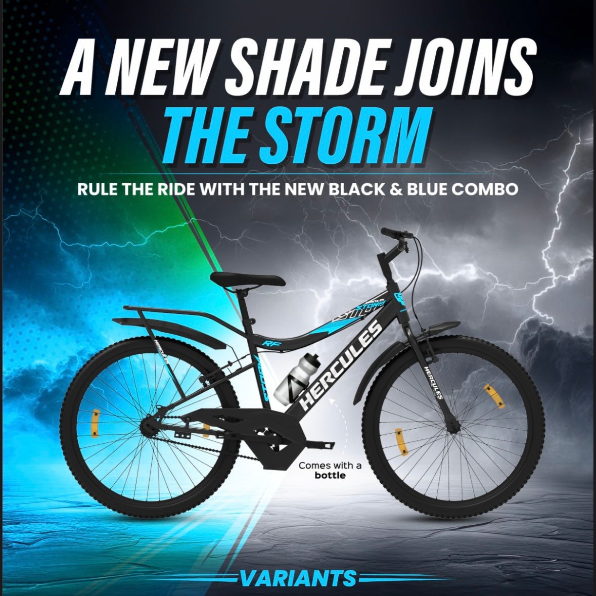 "Hercules Redeem 26T Cycle – New Black and Blue Variant with Bottle Holder, Displayed on a Storm-Themed Background"

