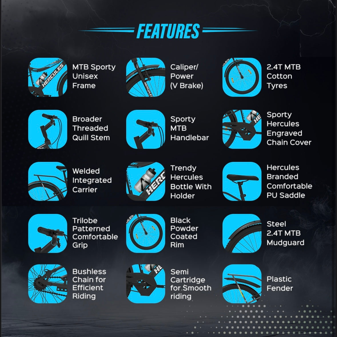 Hercules Redeem 26T MTB Cycle Features – Sporty Frame, Dual Brakes, Wide Tyres, Carrier, Suspension, and Accessories Displayed with Icons on Dark Background

