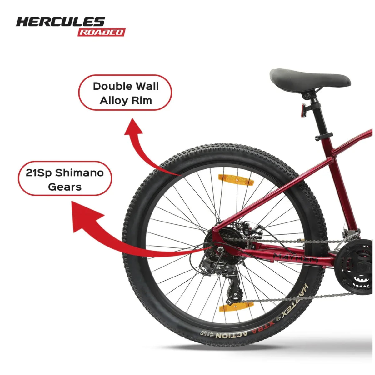 Hercules Roadeo Mayhem double wall alloy rim and 21-speed Shimano gears