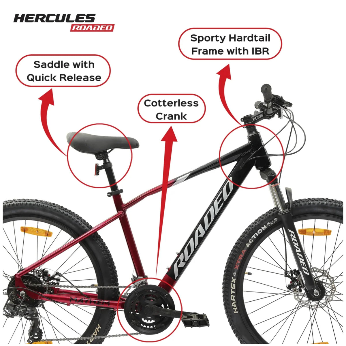 Hercules Roadeo Mayhem sporty hardtail frame saddle and cotterless crank