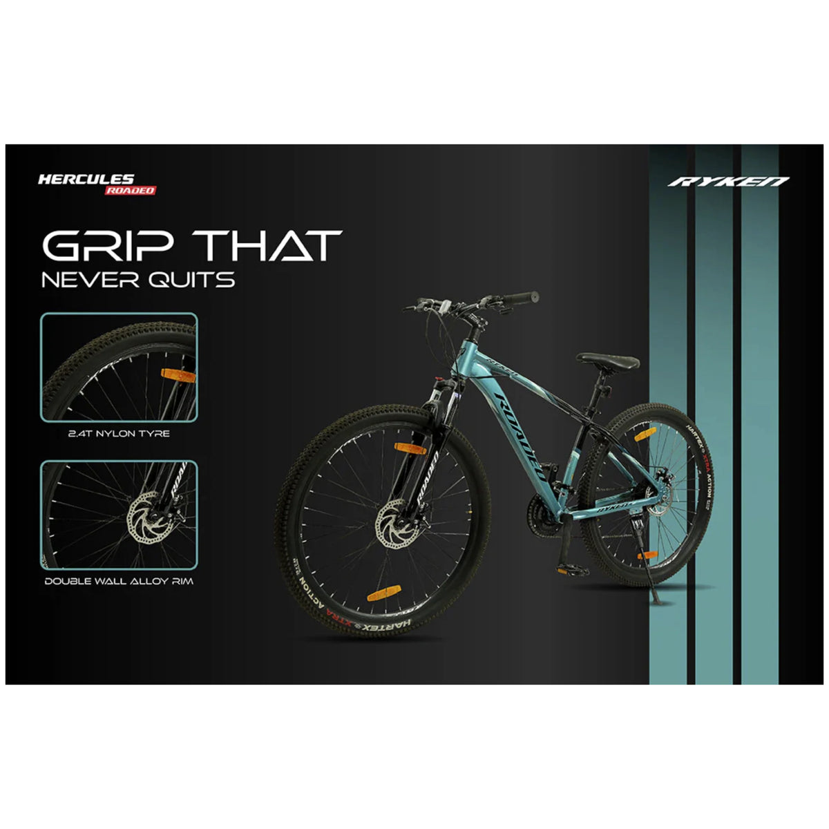 Hercules Roadeo Ryken MTB tyre tread and grip detail