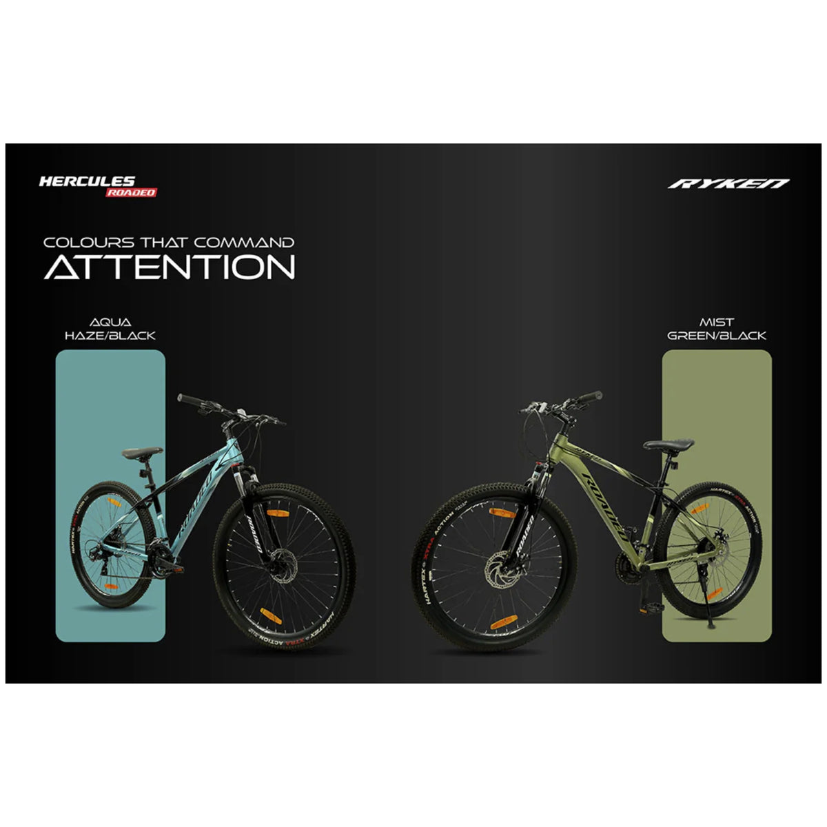 Hercules Roadeo Ryken MTB cycle colour options in teal and green