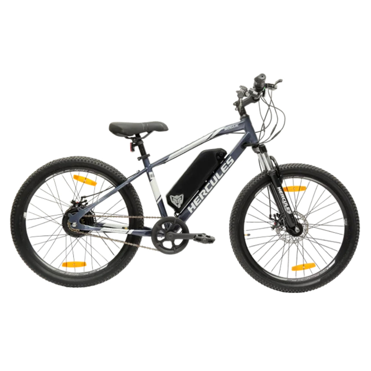 Hercules Rogue 24T electric cycle in black and white with front suspension and dual disc brakes