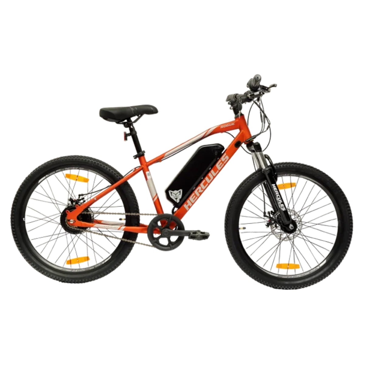 Hercules Rogue 24T electric cycle in orange and black with front suspension and dual disc brakes