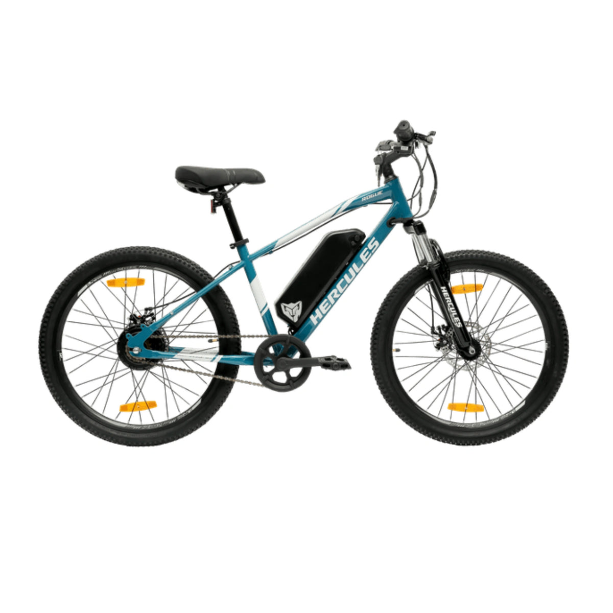 Hercules Rogue 24T electric cycle in teal and white with front suspension and dual disc brakes