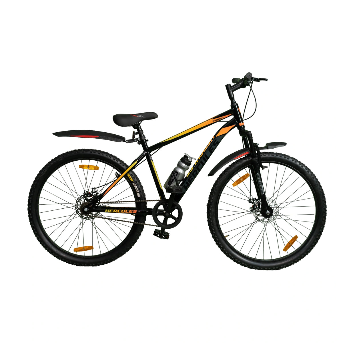 Hercules Tron MTB cycle in black with orange graphics and wide tyres