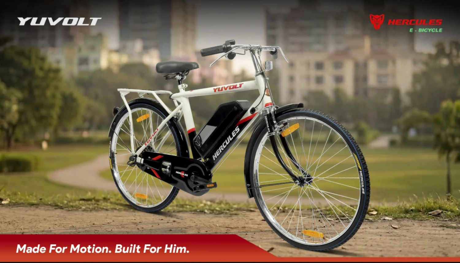 Hercules Yuvolt 26T electric bicycle lifestyle view with battery, carrier and city bike design