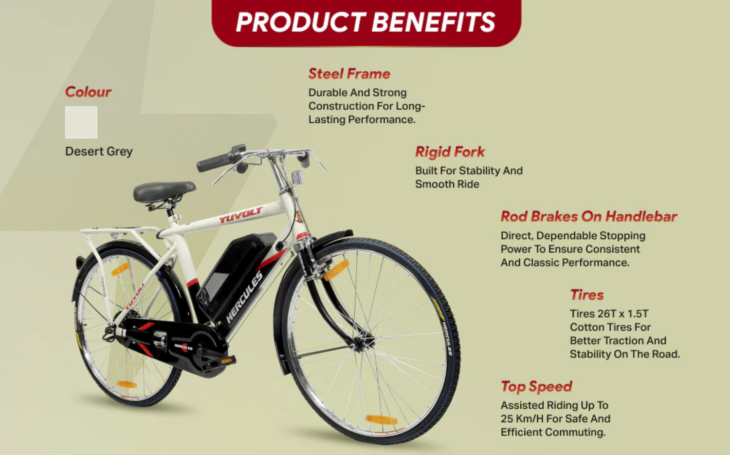 Hercules Yuvolt 26T electric cycle product benefits, features and specifications