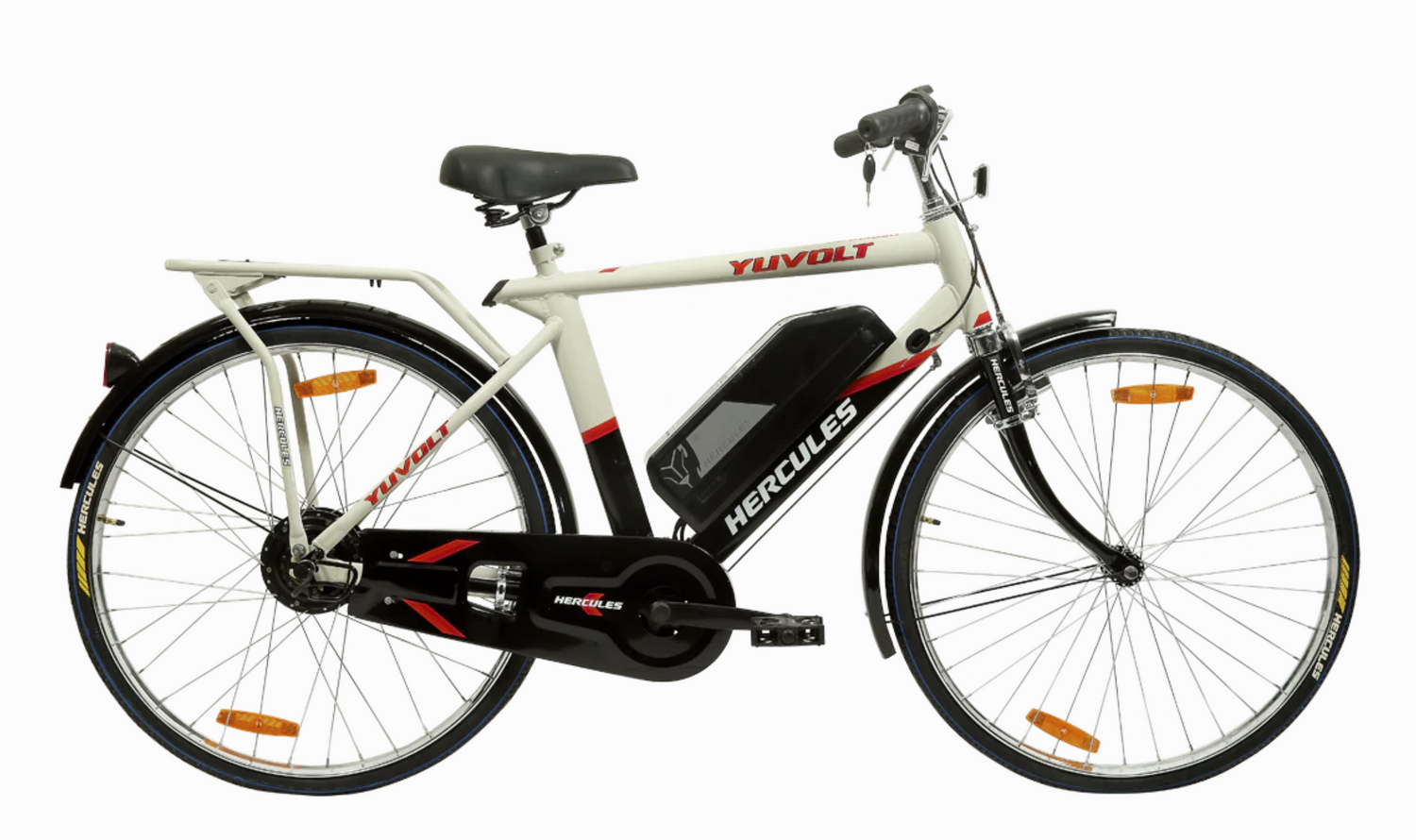 Hercules Yuvolt 26T electric cycle side view with removable battery and rear carrier
