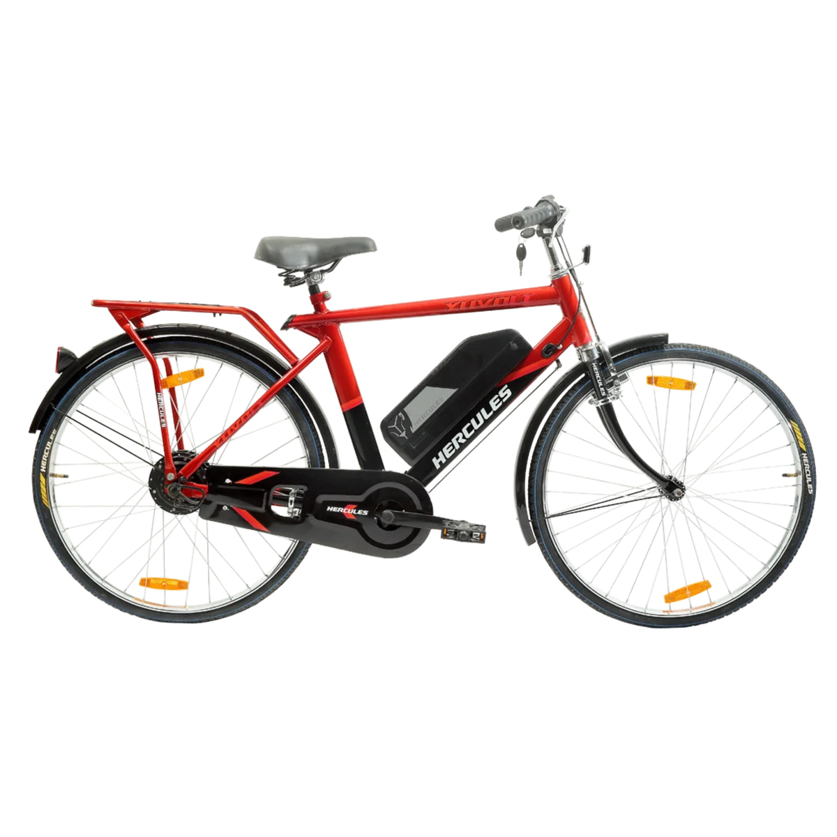 Hercules Yuvolt red electric cycle side view