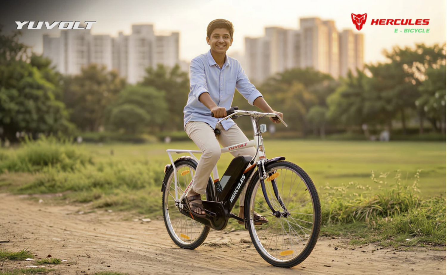 Hercules Yuvolt electric cycle being ridden outdoors for daily city commuting