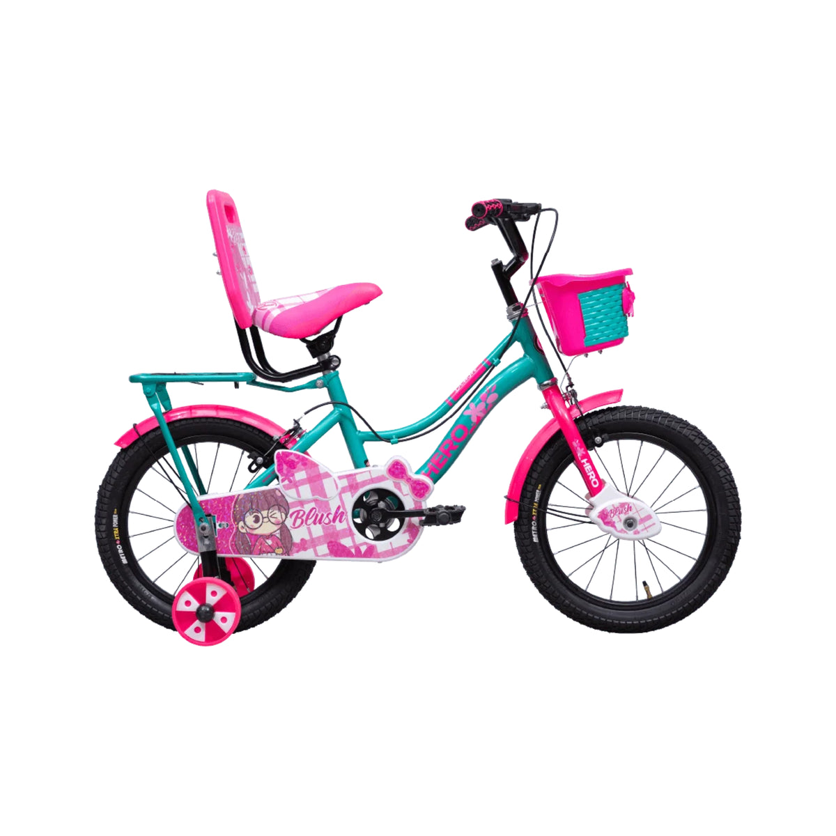 Hero Blush 20T turquoise pink kids cycle side profile with basket and backrest