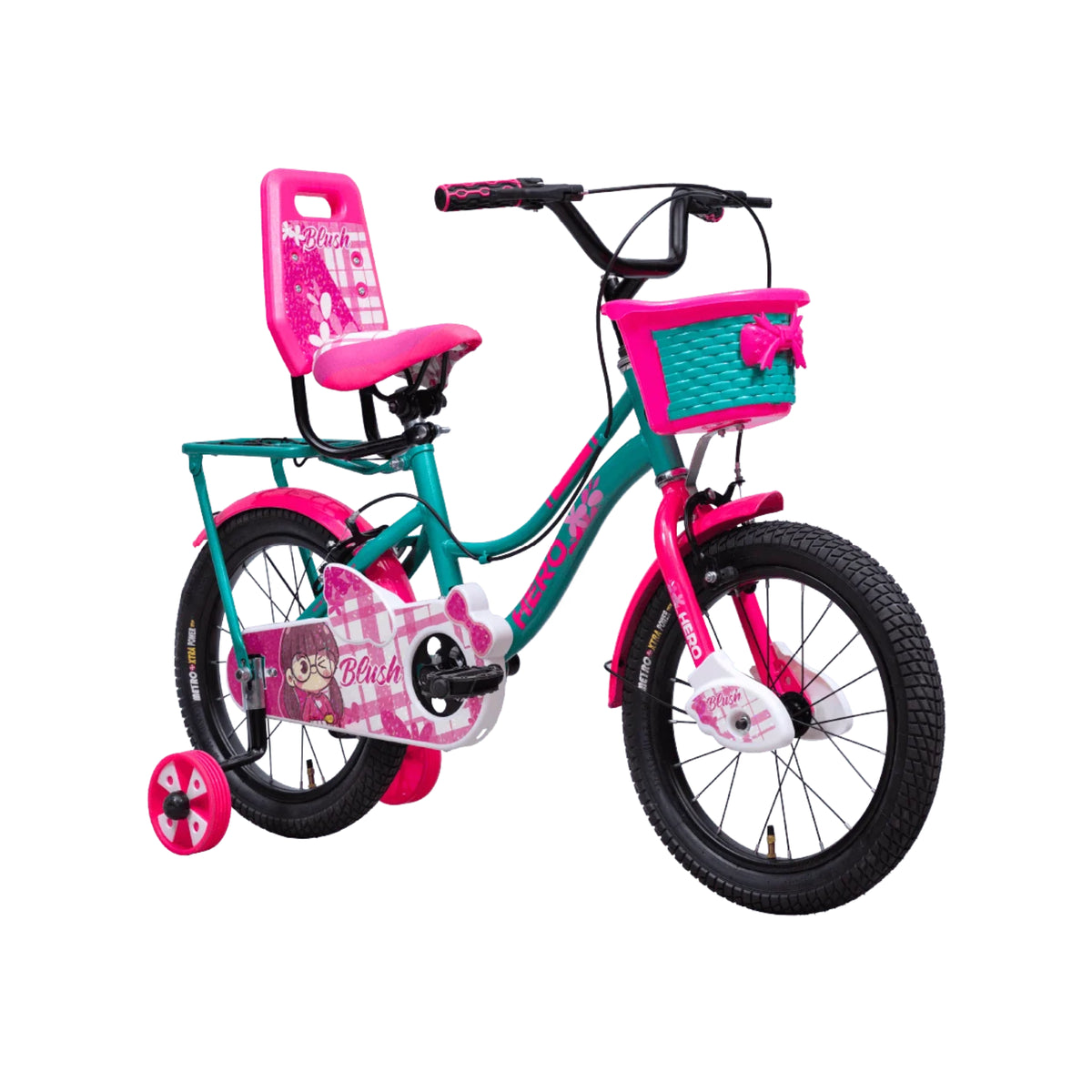 Hero Blush 20T turquoise pink kids cycle with basket backrest and side wheels front view