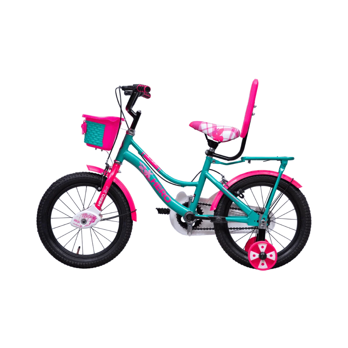 Hero Blush 20T turquoise pink kids bicycle rear side view with basket and backrest
