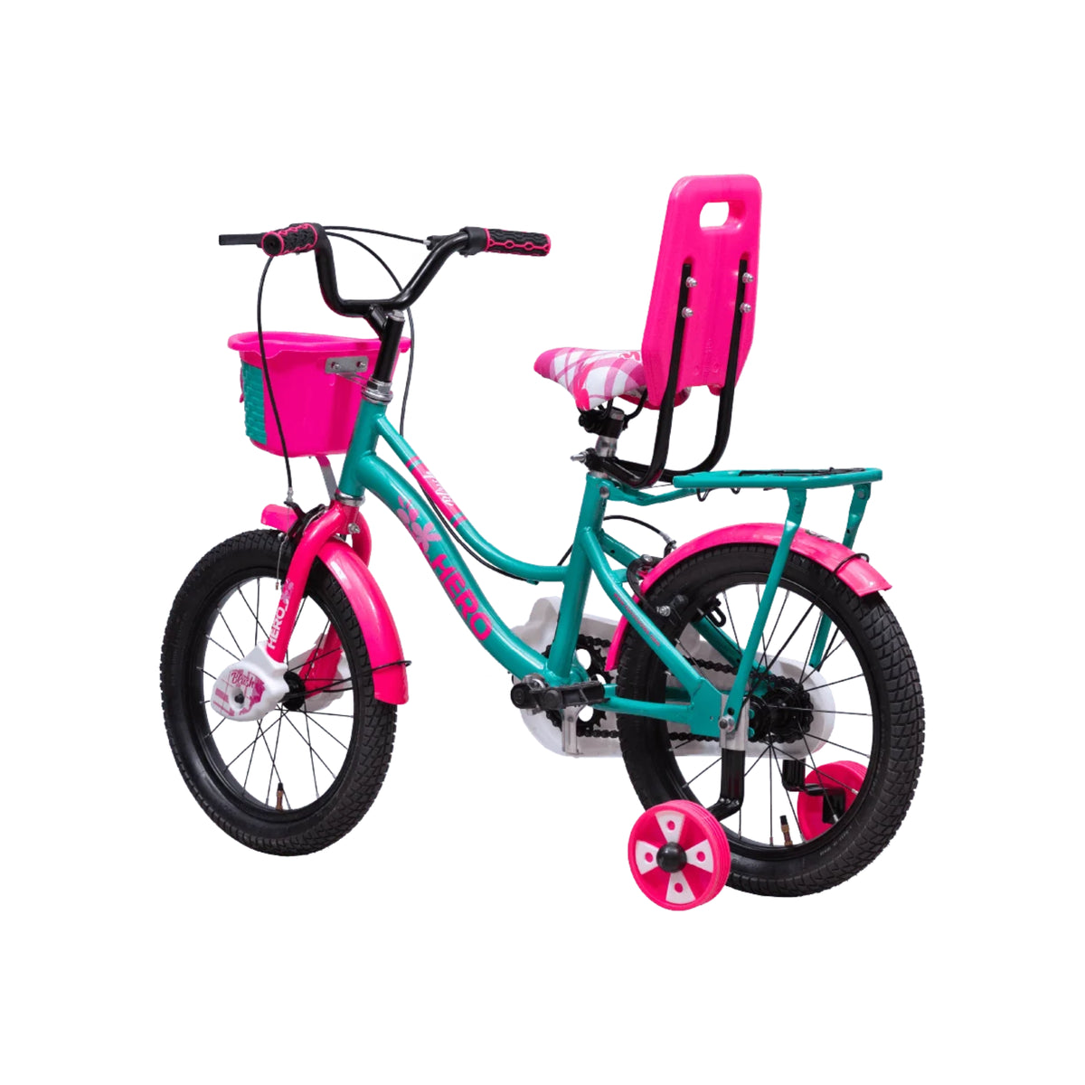Hero Blush 20T turquoise pink kids bicycle showing basket backrest and side wheels