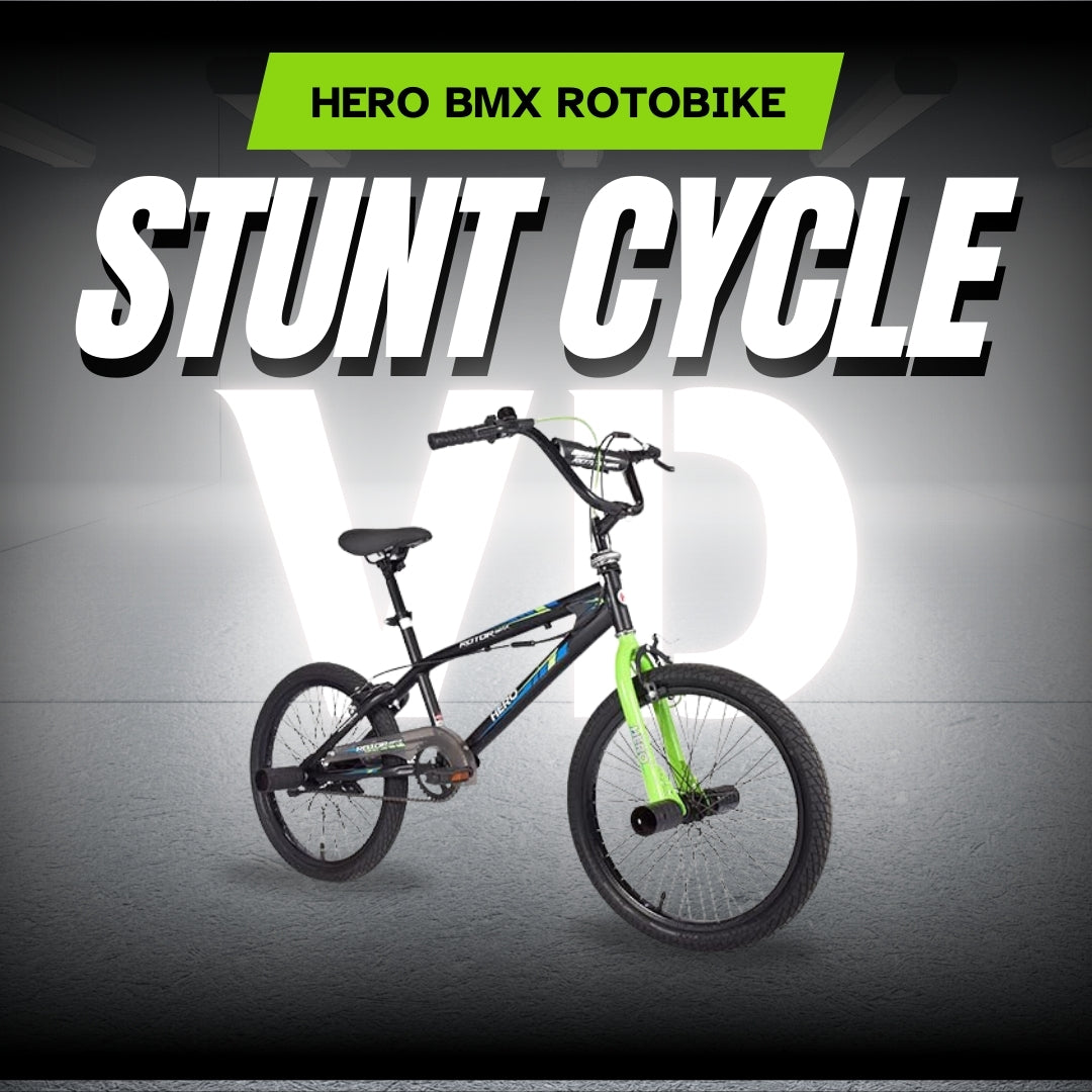 Black Hero BMX Rotobike 20T stunt cycle with neon green fork, displayed against a bold backdrop reading 'STUNT CYCLE' – ideal for tricks and youth riders


