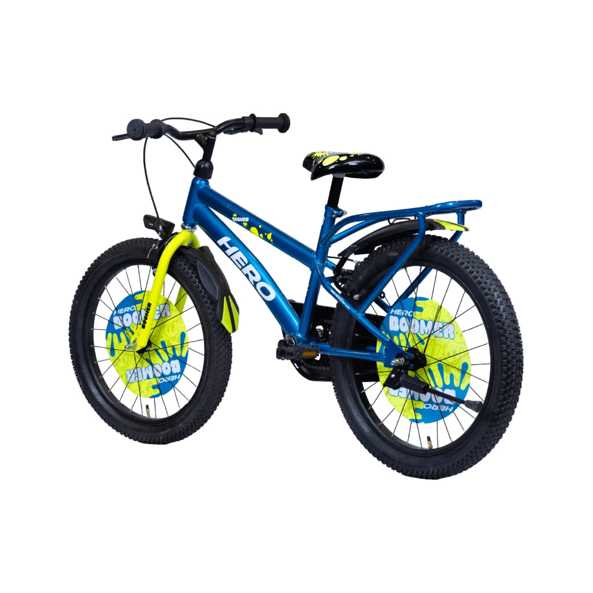 Hero Boomer blue kids cycle shown from the front angle with carrier and sporty handlebar
