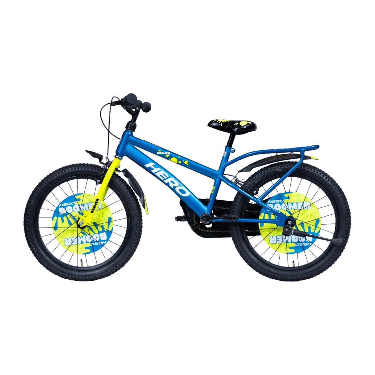 Hero Boomer blue kids bicycle viewed from the rear side with carrier and colour-matched styling