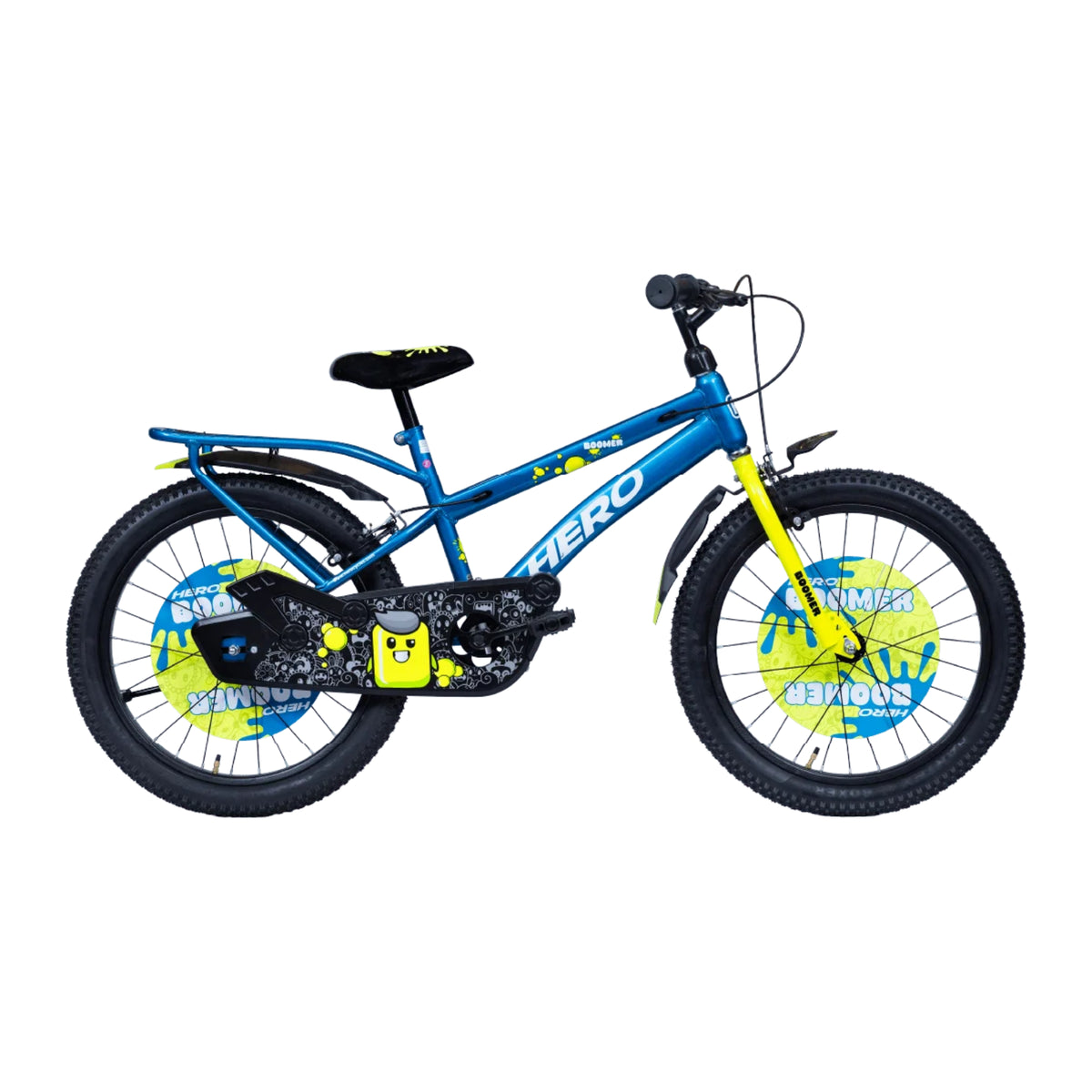 Hero Boomer blue bicycle side view showing the sporty frame, carrier and wheel disc design